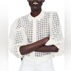 Zara White Daisy Sheer  Eyelet Puff-Sleeve Button-Down Shirt